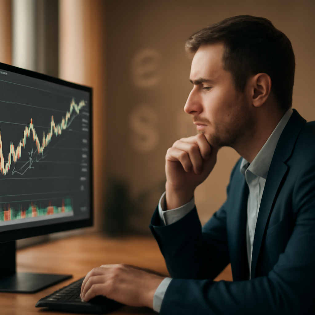 A person attentively looking at financial charts on a computer screen, with currency symbols subtly in the background, in a modern office setting. Warm, profess