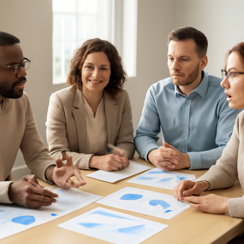 A group of people discussing economic indicators around a table in a bright, contemporary meeting room, showing collaboration and financial planning. Profession